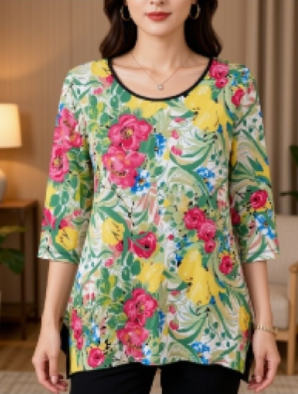 Peter Nygard Floral Scoop-Neck Tunic in Green, Pink & Yellow Size XL